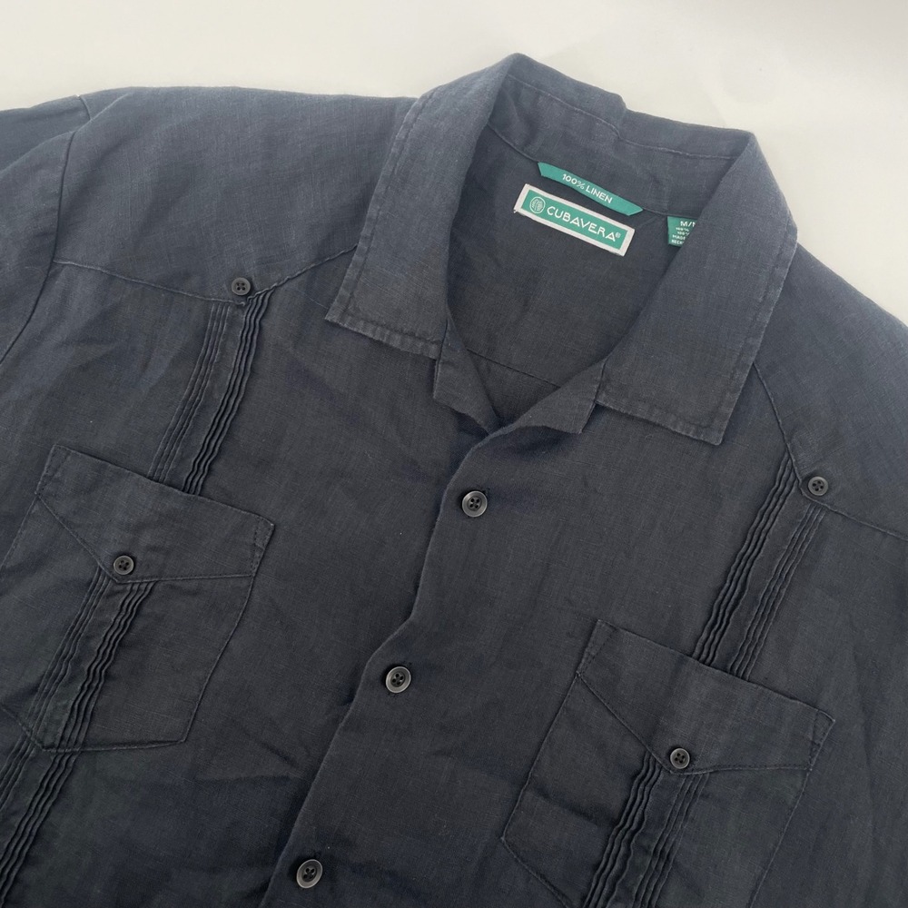Cubavera Guayabera Shirt Mens M Black 100% Linen Pintuck Short Sleeve Button